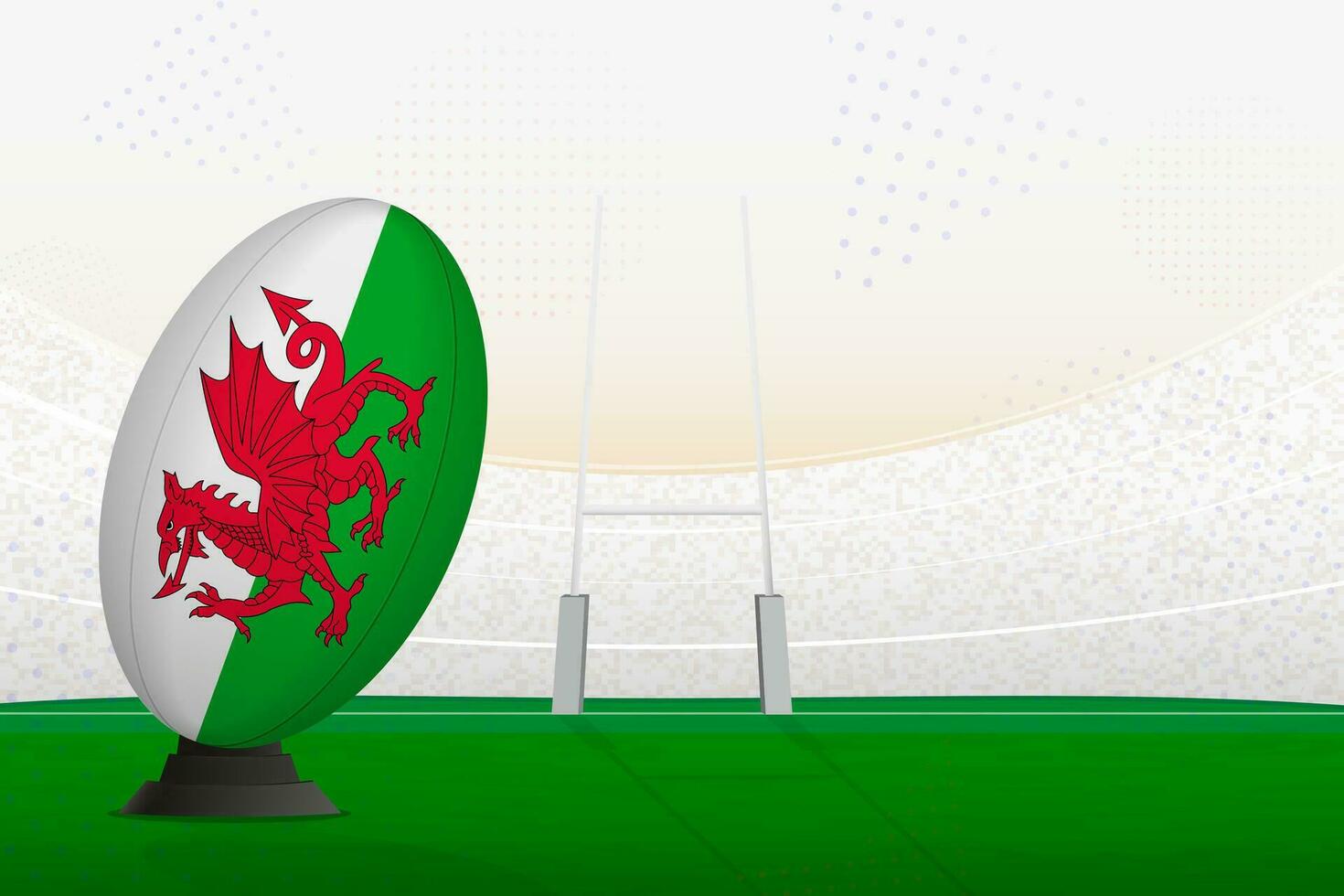 Wales national team rugby ball on rugby stadium and goal posts, preparing for a penalty or free kick. vector