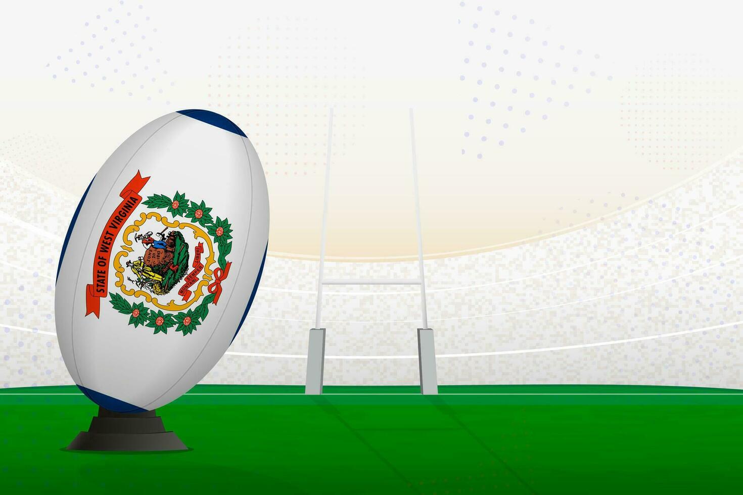 West Virginia national team rugby ball on rugby stadium and goal posts, preparing for a penalty or free kick. vector