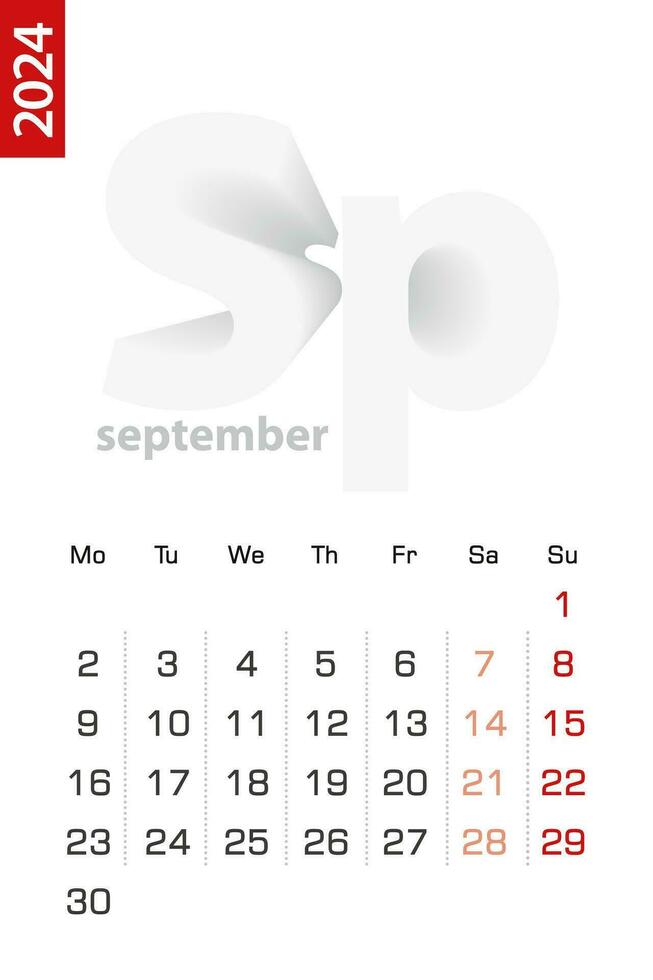 minimalista calendario modelo para septiembre 2024, vector calendario en inglés.