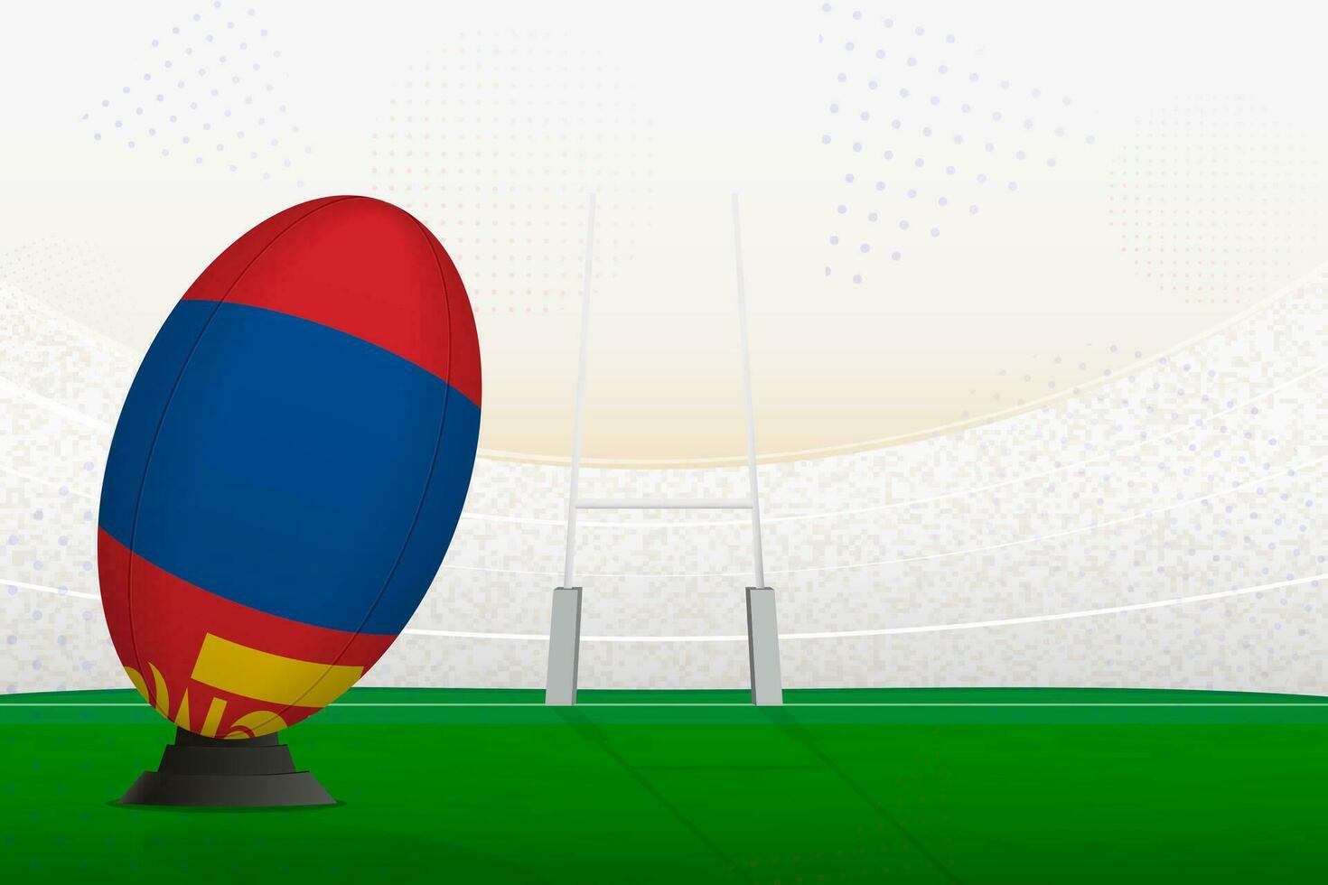 Mongolia national team rugby ball on rugby stadium and goal posts, preparing for a penalty or free kick. vector