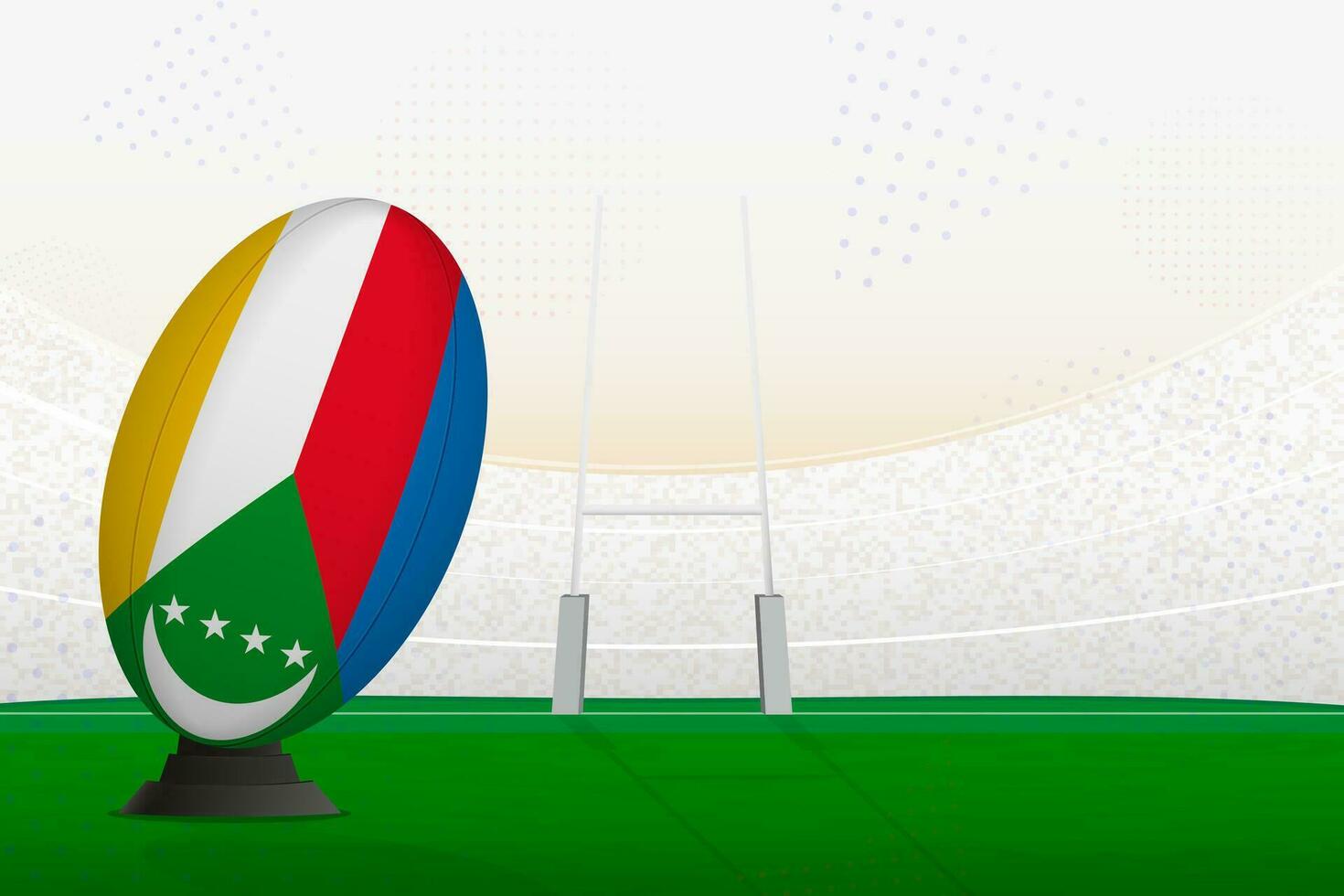 Comoros national team rugby ball on rugby stadium and goal posts, preparing for a penalty or free kick. vector