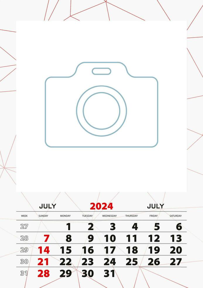 Wall calendar planner template for July 2024, week starts on sunday. vector