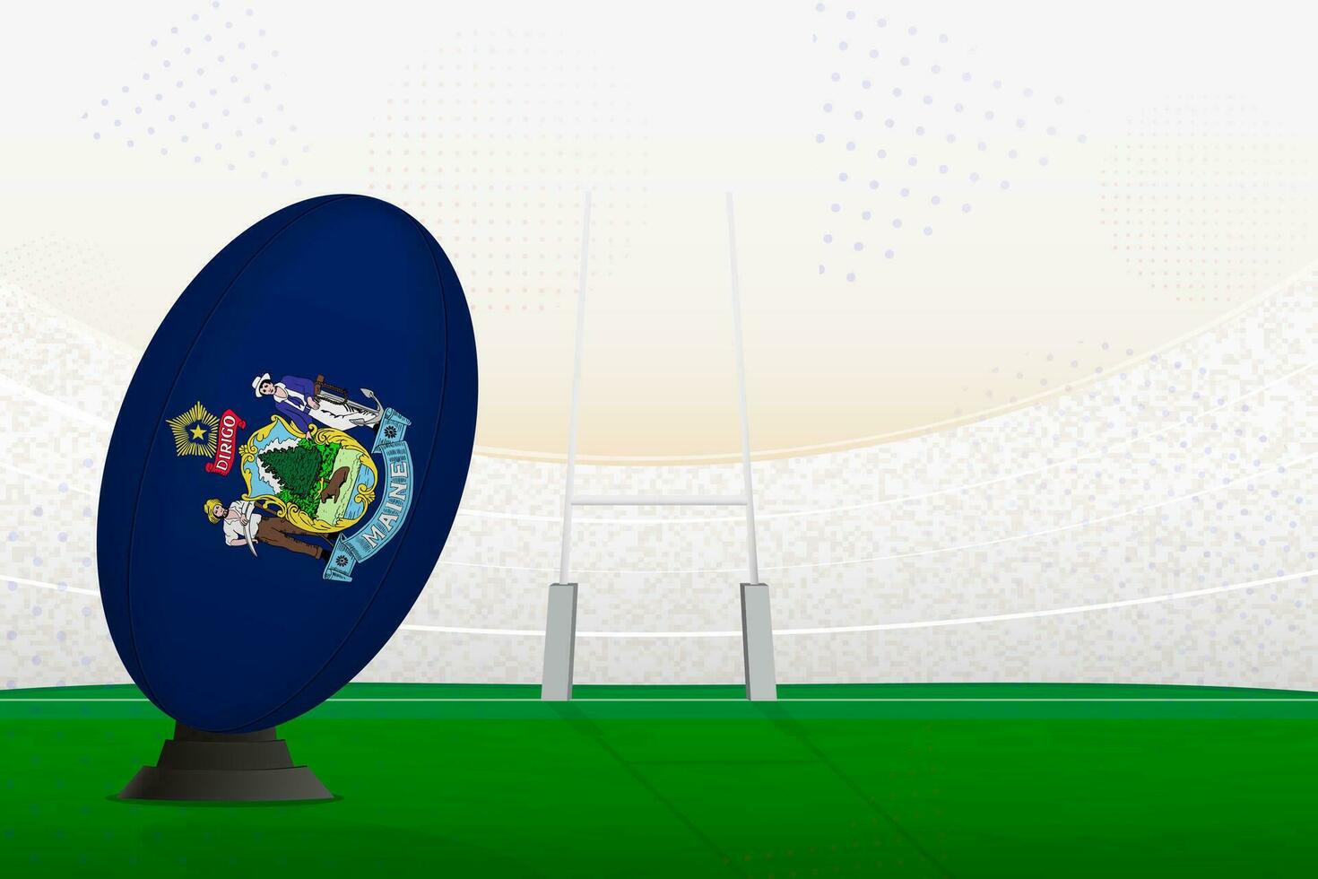 Maine national team rugby ball on rugby stadium and goal posts, preparing for a penalty or free kick. vector