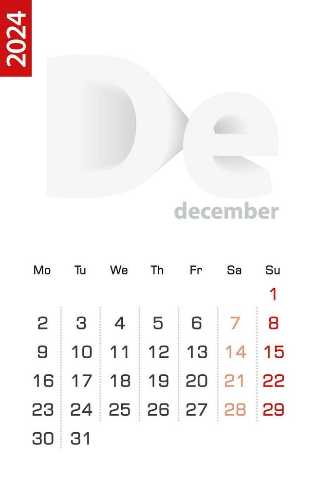 Minimalist calendar template for December 2024, vector calendar in English.