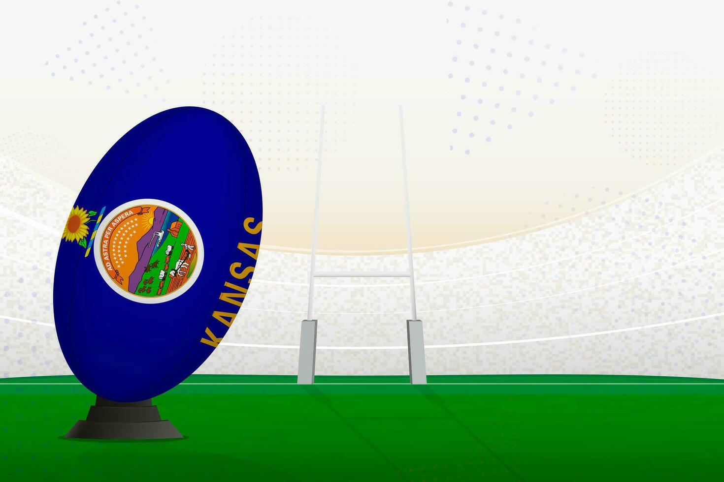 Kansas national team rugby ball on rugby stadium and goal posts, preparing for a penalty or free kick. vector