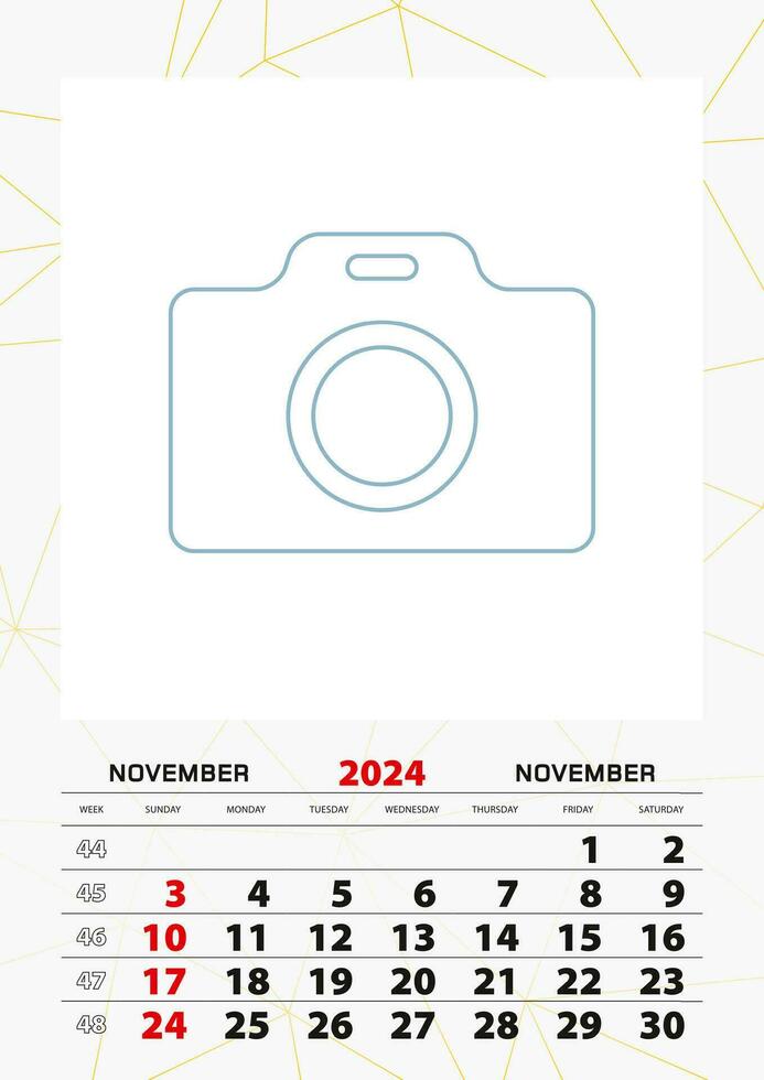 Wall calendar planner template for November 2024, week starts on sunday. vector