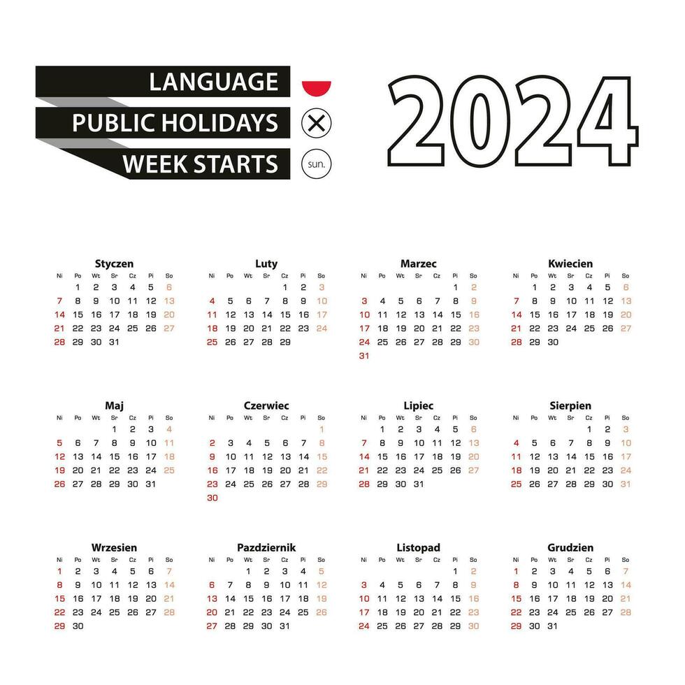 2024 calendario en polaco idioma, semana empieza desde domingo. vector