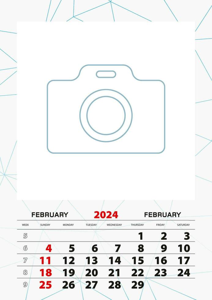 Wall calendar planner template for February 2024, week starts on sunday. vector