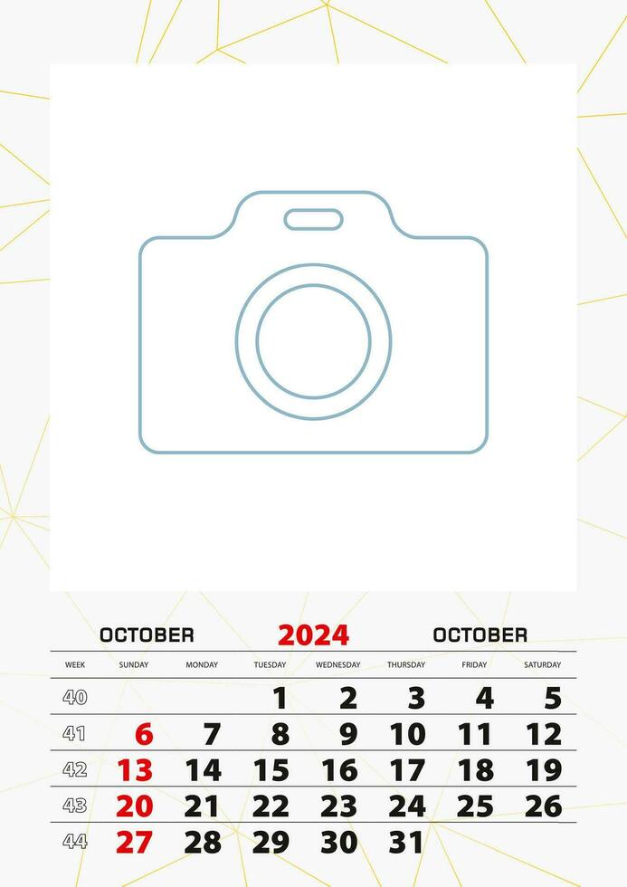 Wall calendar planner template for October 2024, week starts on sunday. vector