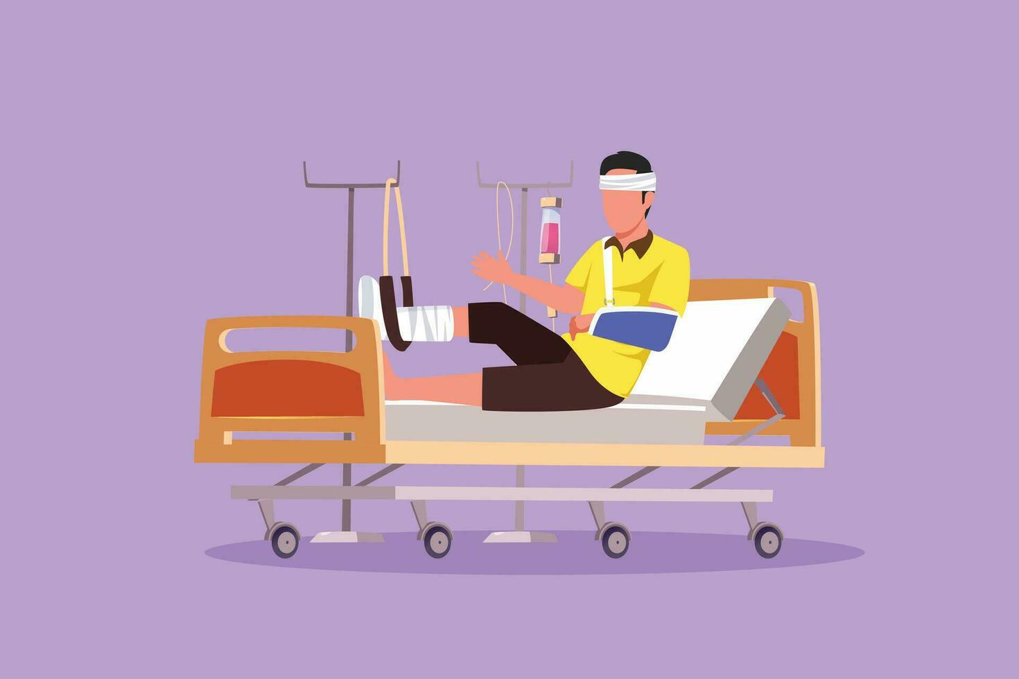 Graphic flat design drawing male patient with broken leg lying in hospital. Hospitalization of patient. Sick person in bed. The leg is bandaged and fixed with cast. Cartoon style vector illustration