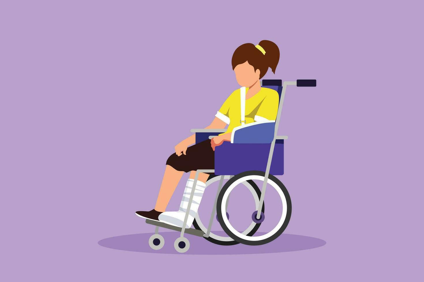 Character flat drawing of little sad girl with leg in plaster. Injured upset kid sitting in wheelchair with broken leg. Child with fractured leg suffering from pain. Cartoon design vector illustration