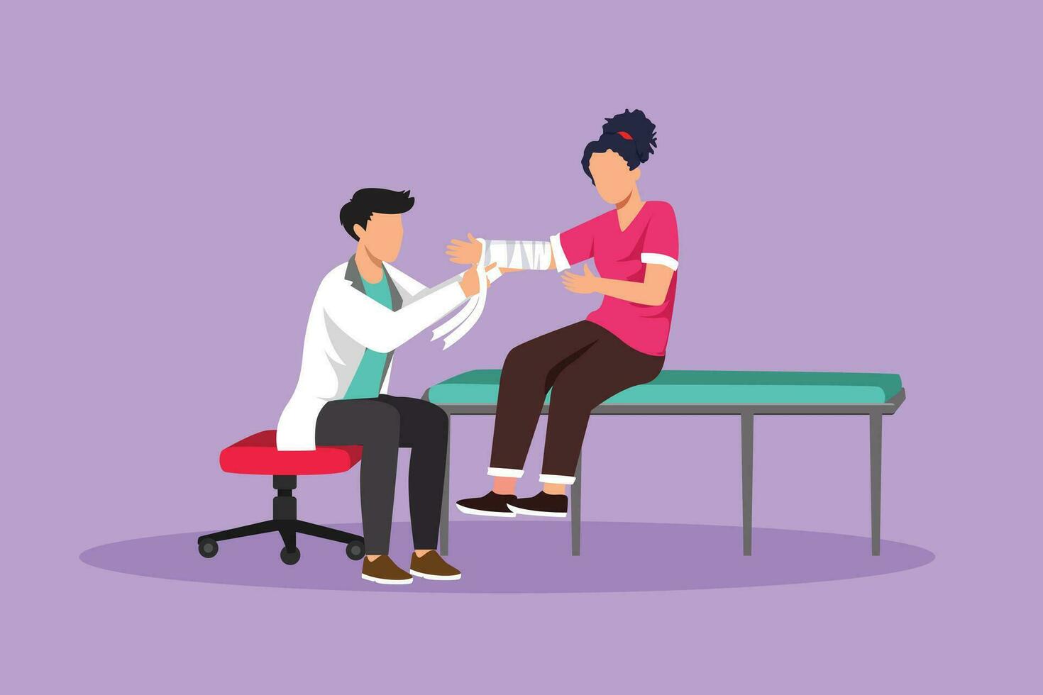 Graphic flat design drawing doctor bandages patient woman hand. First aid emergency hands doing dressing bandage in traumatology clinic. Healthcare hospital concept. Cartoon style vector illustration