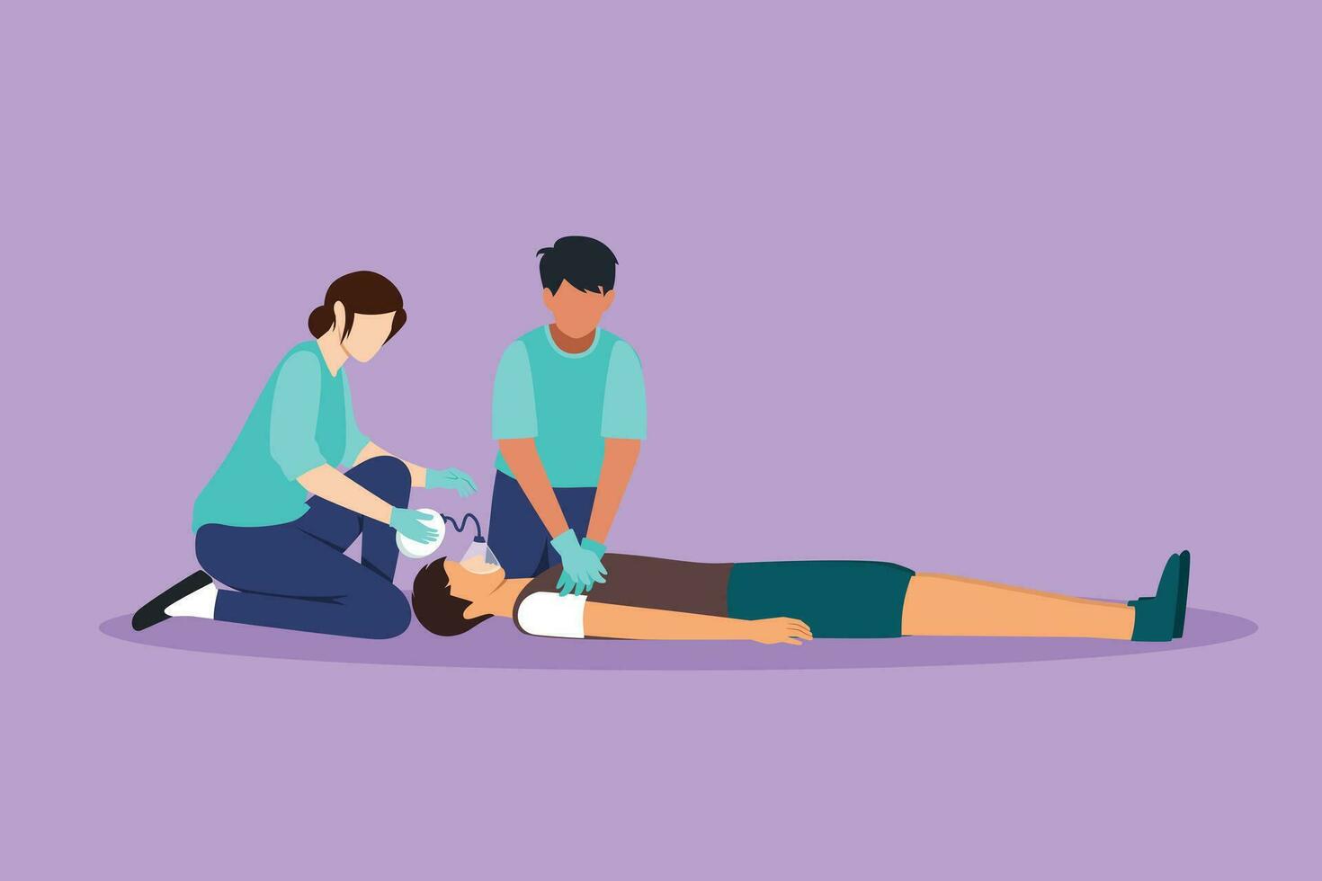 Character flat drawing emergency doctors doing cardiopulmonary resuscitation of man at emergency room. Paramedic giving indirect heart massage first aid to patient. Cartoon design vector illustration