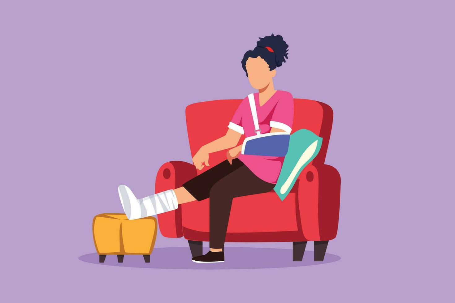 Character flat drawing injured beautiful patient woman with bounded leg, head, arm. Sitting at armchair, sofa, couch at hospital traumatology chamber after accident. Cartoon design vector illustration