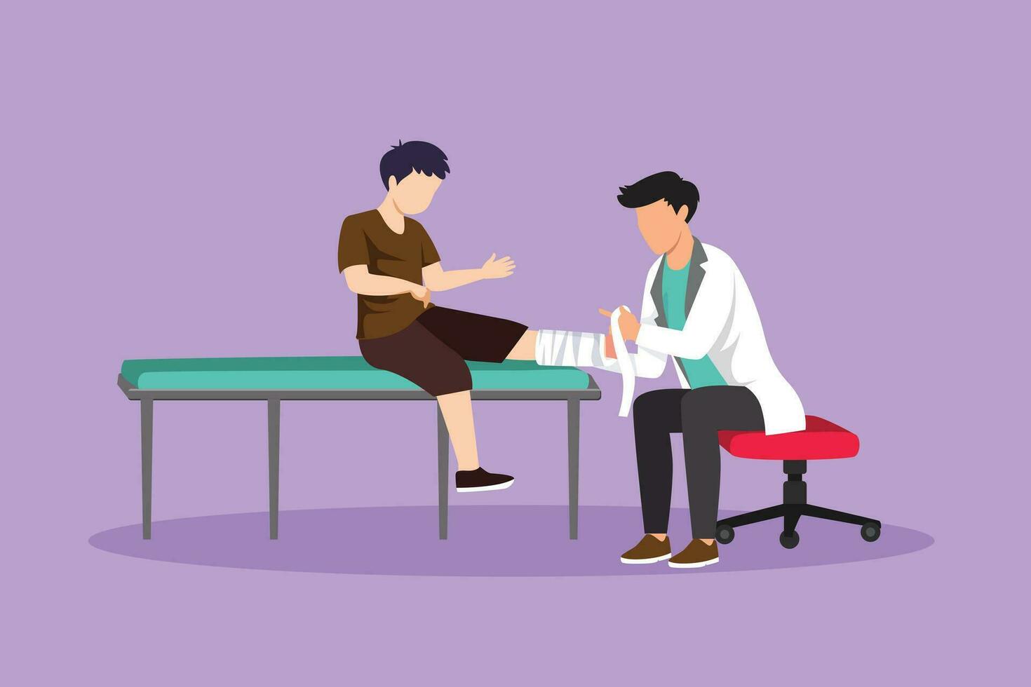 Graphic flat design drawing doctor bandage broken leg to little boy patient sitting on couch. Kid with plaster on ankle in hospital room. Trauma, healthcare, therapy. Cartoon style vector illustration