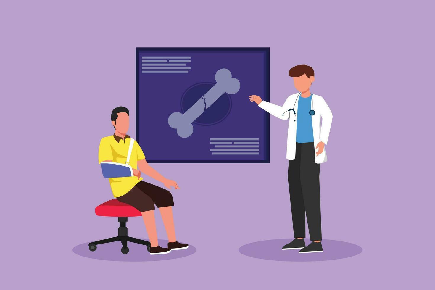 Cartoon flat style drawing medical doctor showing x-ray picture with limb fracture to male patient with broken arm photo. Healthcare, man with injured bandaged hand. Graphic design vector illustration
