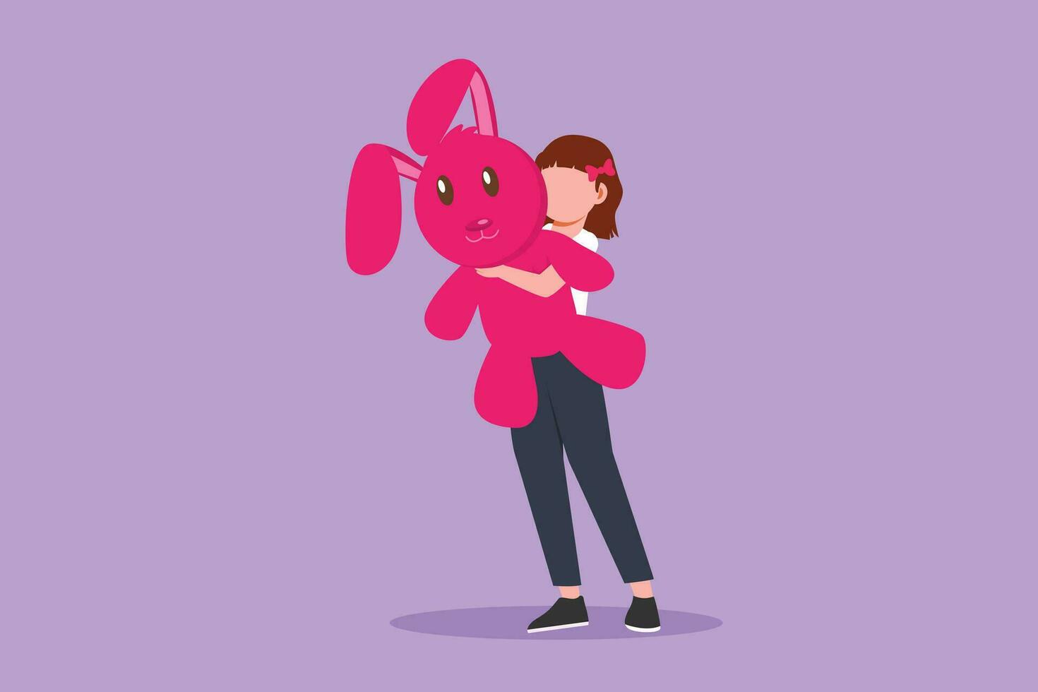 Cartoon flat style drawing beautiful little girl hugging big teddy bear. She is standing at full length and hiding behind toy. The shy beauty child with huge doll. Graphic design vector illustration