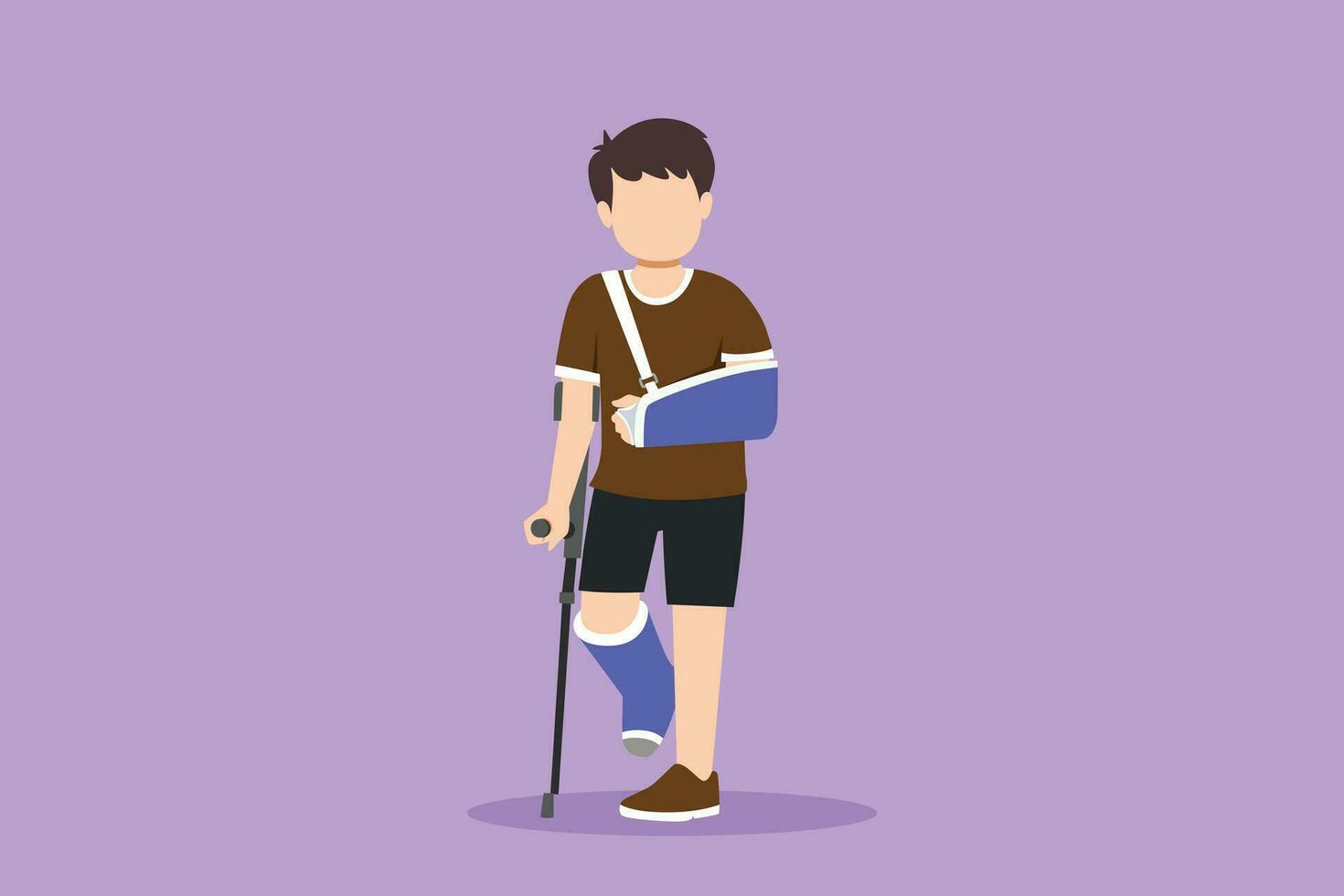 Cartoon flat style drawing of sad injured kids with broken arm and leg in gypsum. Full length of upset injured little boy standing on crutches in medical hospital. Graphic design vector illustration