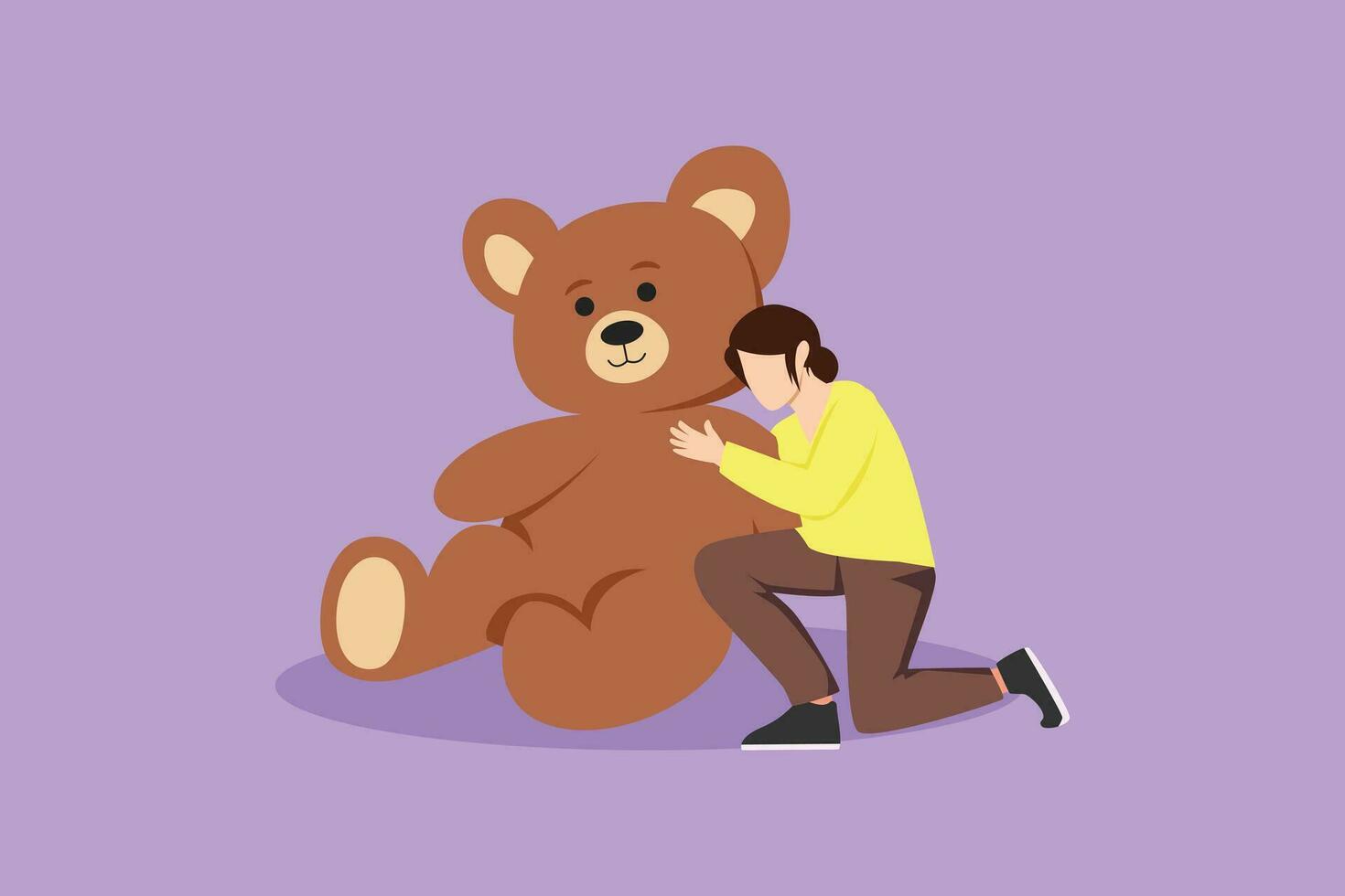 Cartoon flat style drawing young beautiful girl hugging big teddy bear. Happy smiling lady with her huge cute doll. Young female hugging teddy bear stuffed animal. Graphic design vector illustration