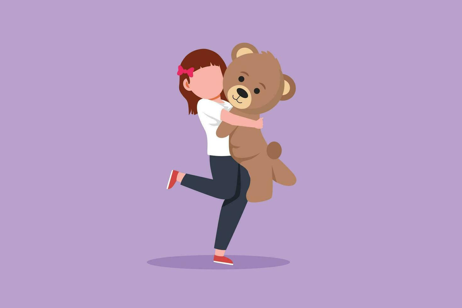 Cartoon flat style drawing portrait of expressive little girl hugging her plush bear friend. Little girl playing with teddy bear. Childhood memories with big toys. Graphic design vector illustration