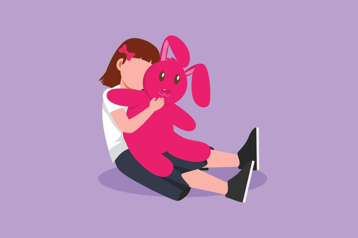 Character flat drawing little girl hug her doll and cry or scared or sad or feel bad or in trouble. Sitting on floor. Concept of orphan kid with her teddy bear toys. Cartoon design vector illustration