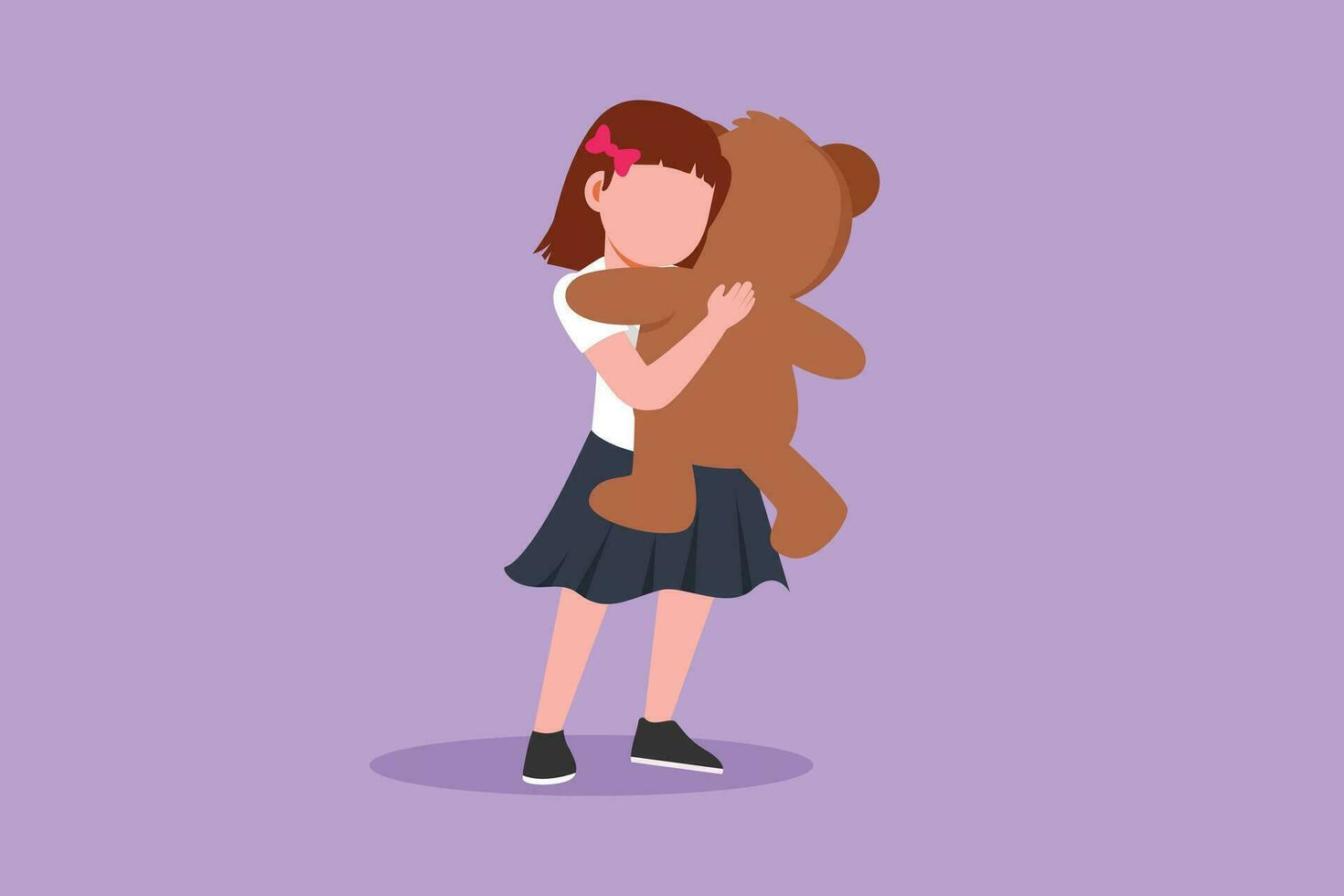 Character flat drawing cute little girl standing and hugging teddy bear. Portrait of expressive kid hugging her plush bear friend. Little girl playing with her doll. Cartoon design vector illustration