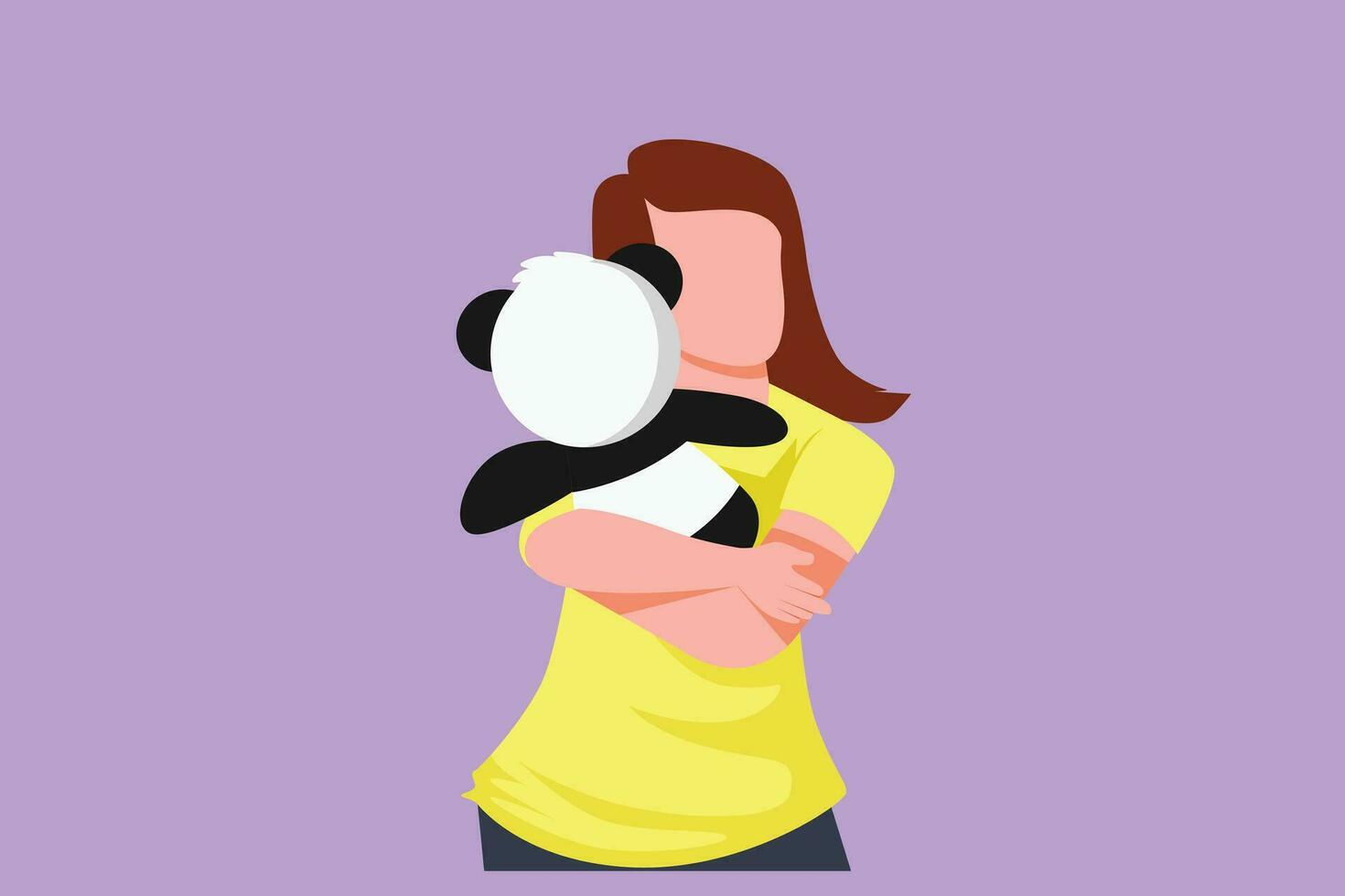 Cartoon flat style drawing cute teenage girl holding her teddy bear, young woman with teddy bear in hand. Young beautiful female hugging teddy bear stuffed animal. Graphic design vector illustration