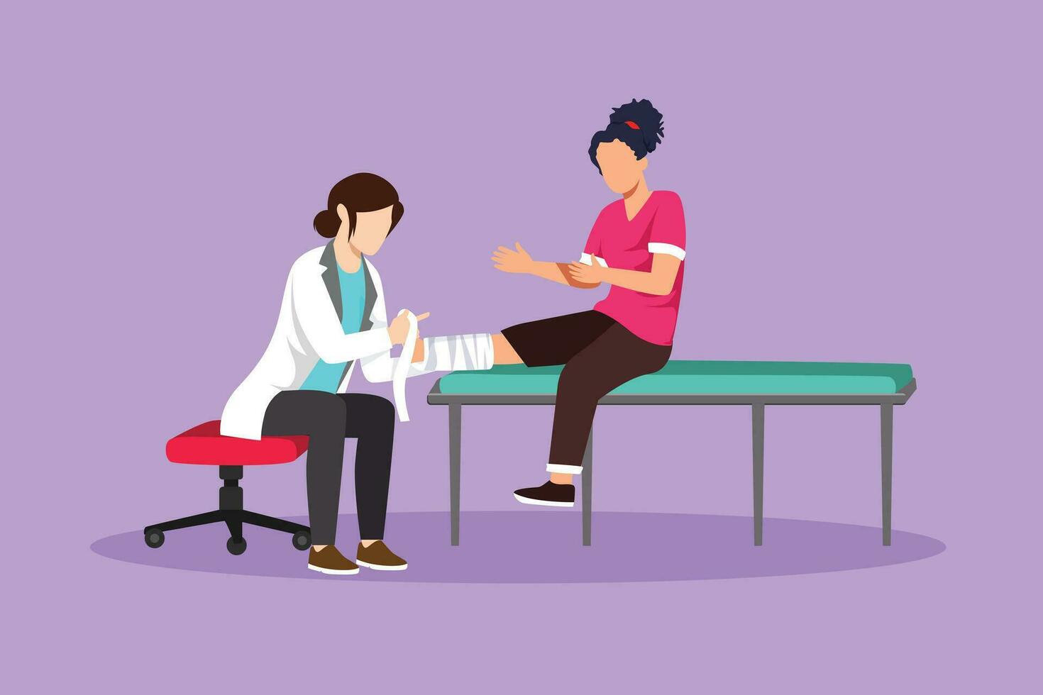 Graphic flat design drawing medical doctor bandage broken leg to female patient sitting on couch at clinic or traumatology department. Limb fracture, hospital visit. Cartoon style vector illustration