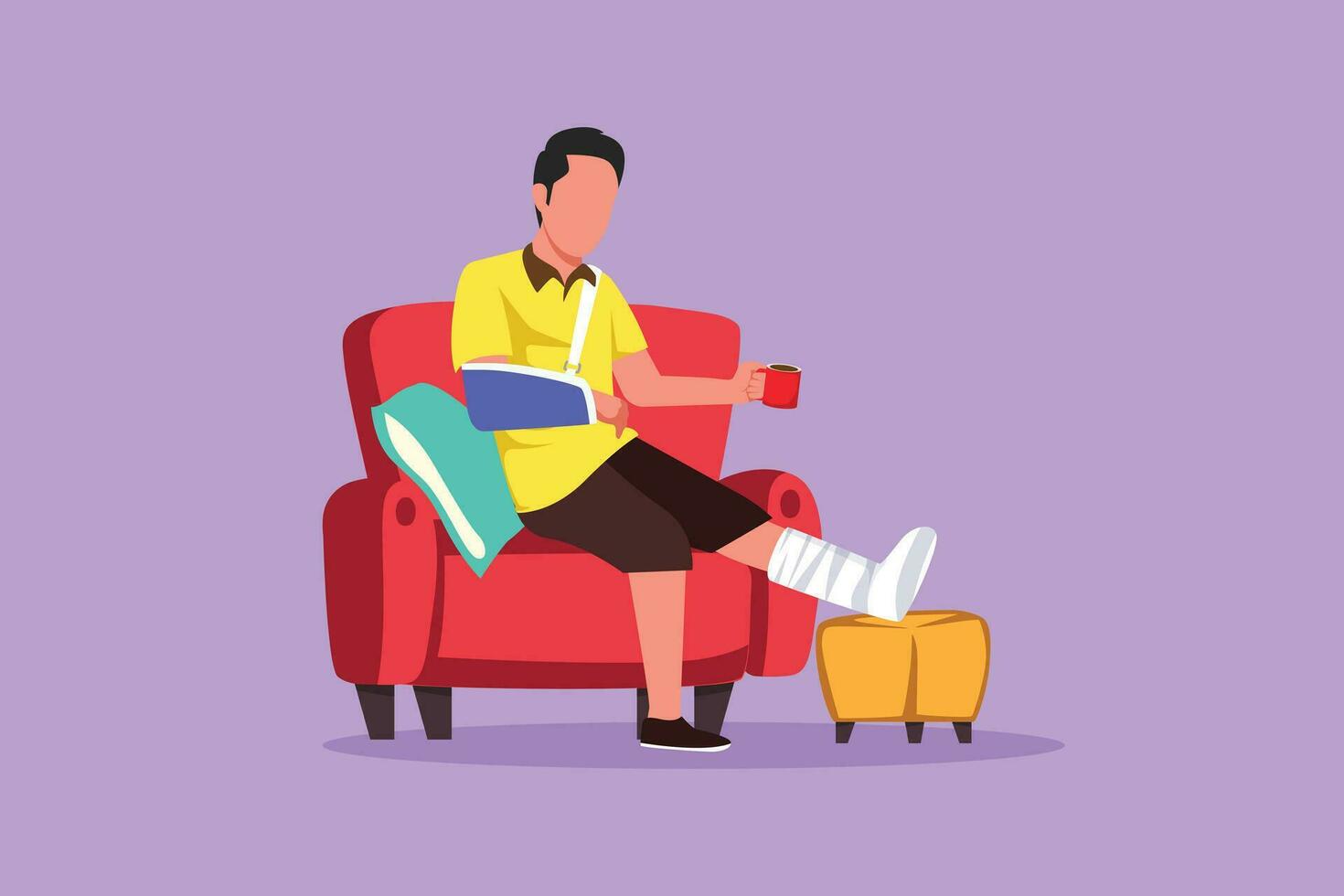 Character flat drawing injured patient man with bounded leg, head, arm. Sitting at armchair, sofa, couch at hospital traumatology department chamber after accident. Cartoon design vector illustration