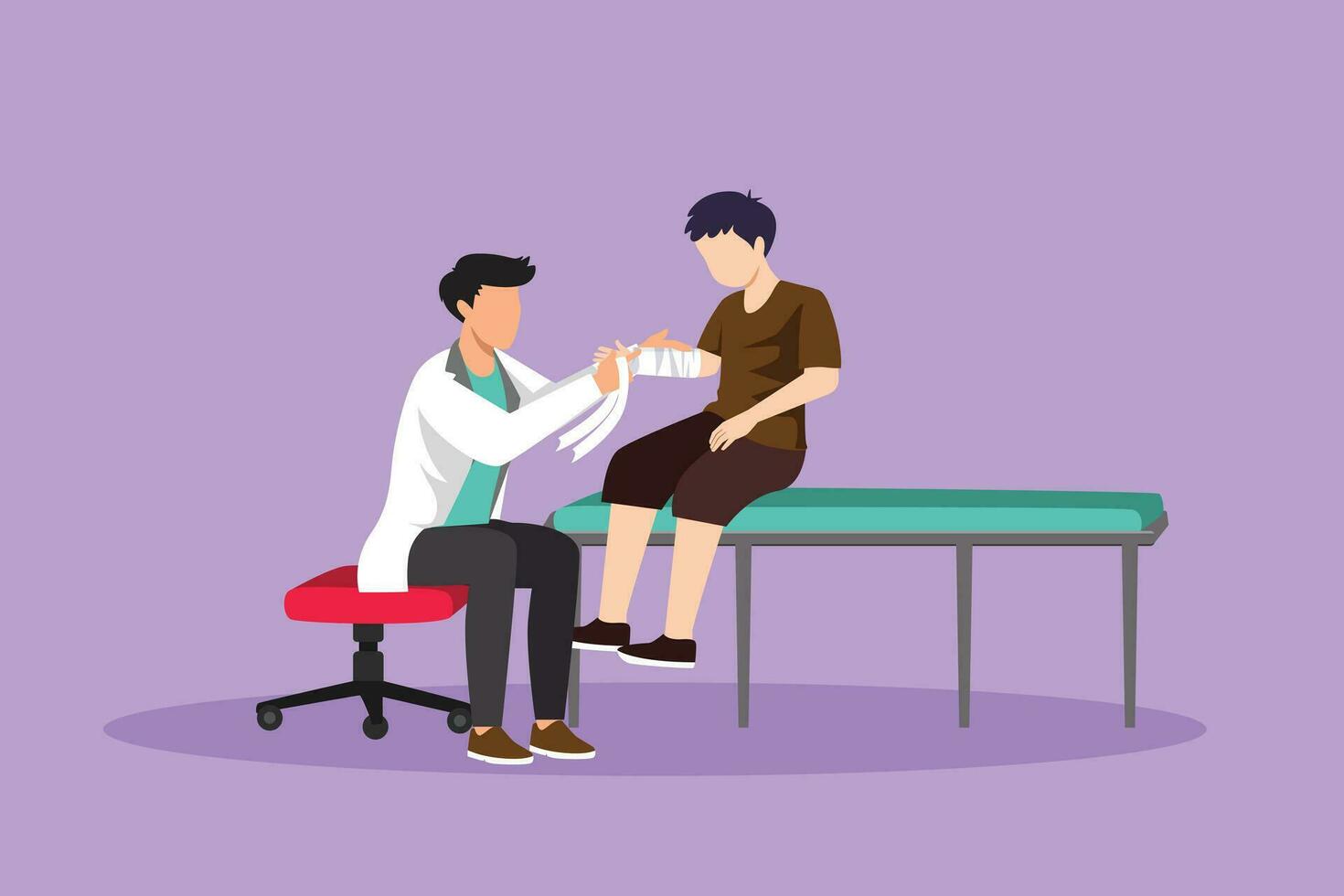 Graphic flat design drawing children doctor works with little boy. Orthopedist bandages broken kids hand. Active doctor treating child in medical office or hospital. Cartoon style vector illustration