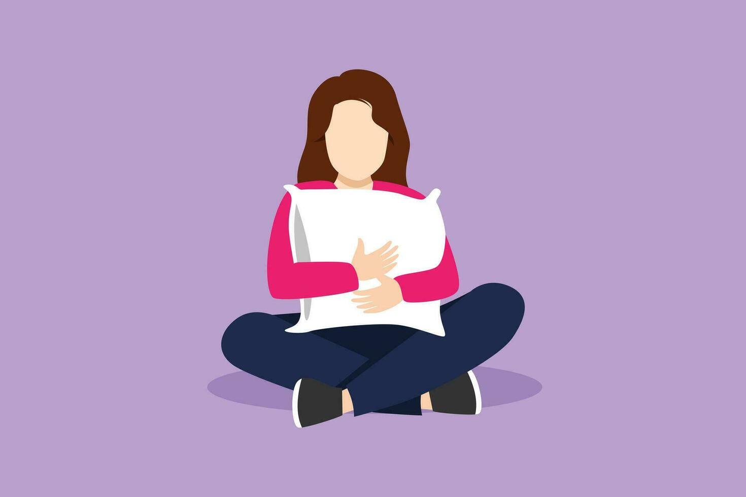 Graphic flat design drawing pretty girl sitting and hugging pillow. Beautiful woman sits with her eyes closed and is about to go to bed. Relaxing and time to sleep. Cartoon style vector illustration