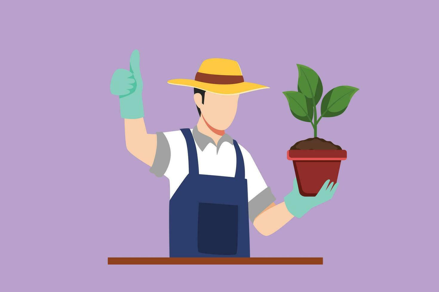 dibujos animados plano estilo dibujo jardinero crece maceta. temporada para plantando trabajo en jardín. hombre con guantes y pulgares gesto. agricultores haciendo trabajo, agrícola pasatiempo. gráfico diseño vector ilustración