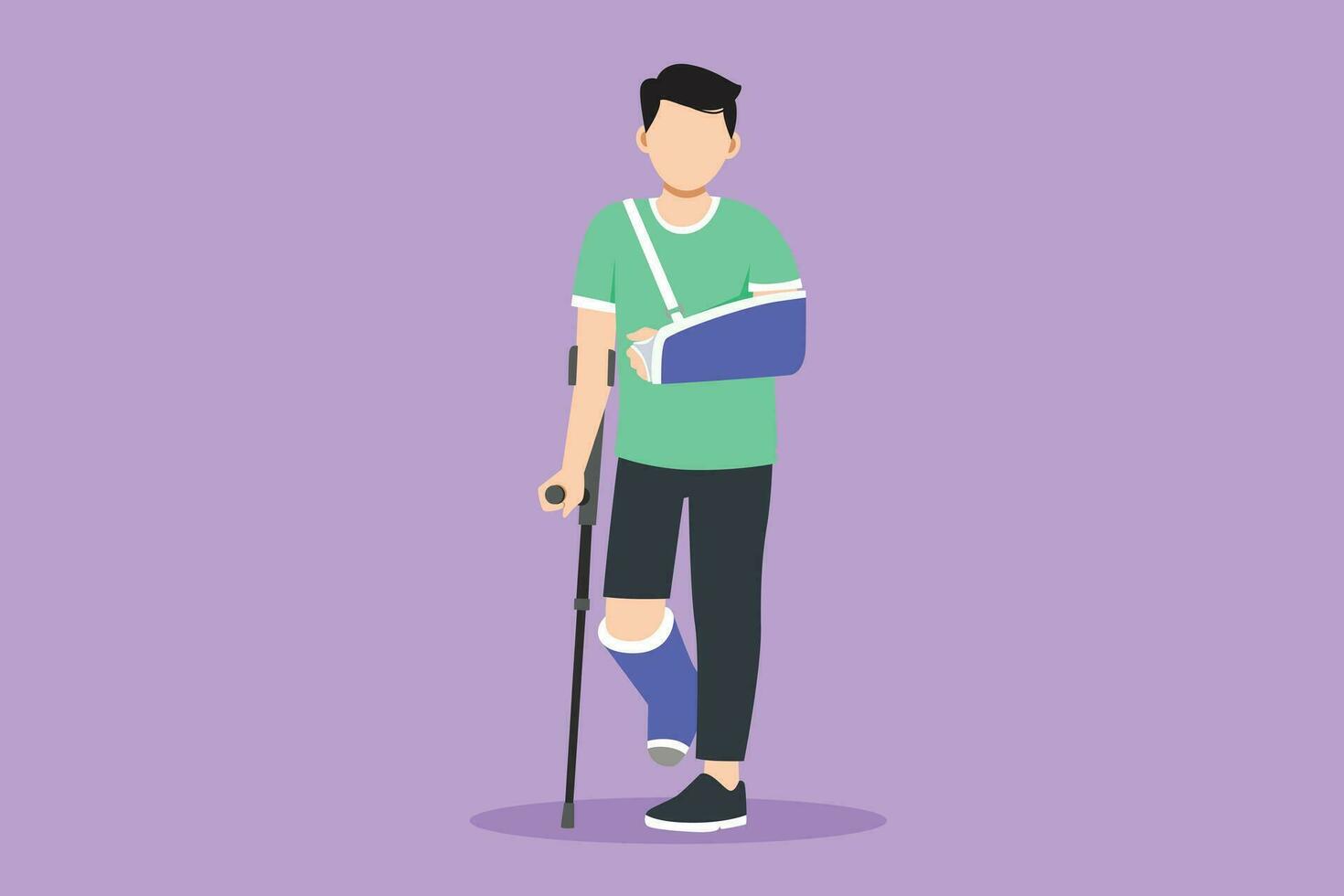 Cartoon flat style drawing sad and happy man with broken arm and leg in cast with crutch and fixing collar around his neck. Fracture limb. Injury male in hospital. Graphic design vector illustration