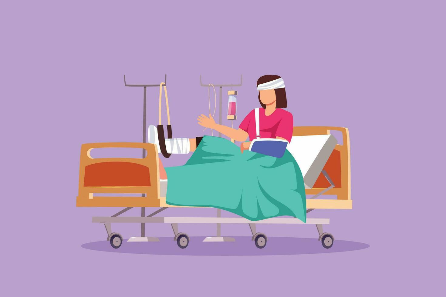 Graphic flat design drawing woman patient with broken leg lying in hospital. Hospitalization of patient. Sick person in bed. The leg is bandaged and fixed with cast. Cartoon style vector illustration