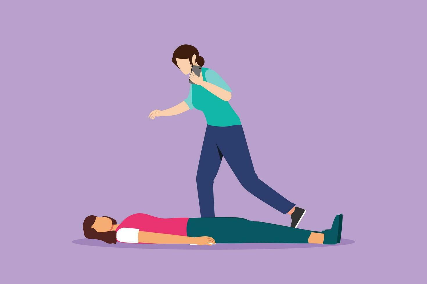 Graphic flat design drawing girl calls emergency service by smartphone. Female has heart problems. Passer save woman with heart attack. First aid. High-priority call. Cartoon style vector illustration