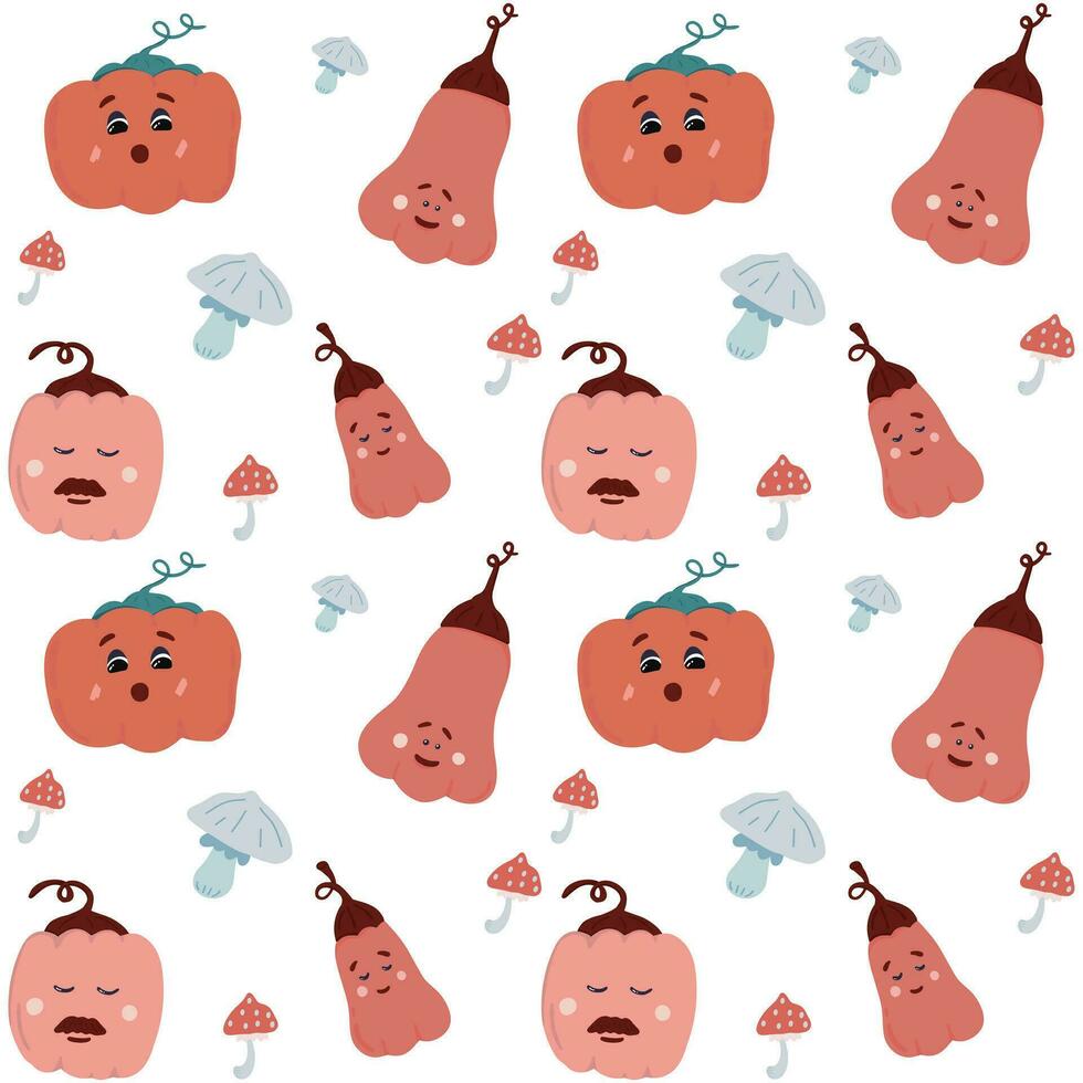 Pumpkin and mushrooms hand drawn pattern vector