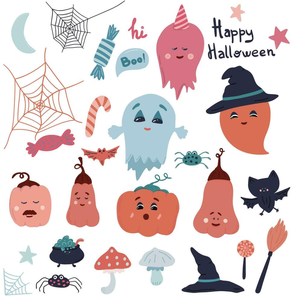 Big hand drawn set halloween party cute characters vector