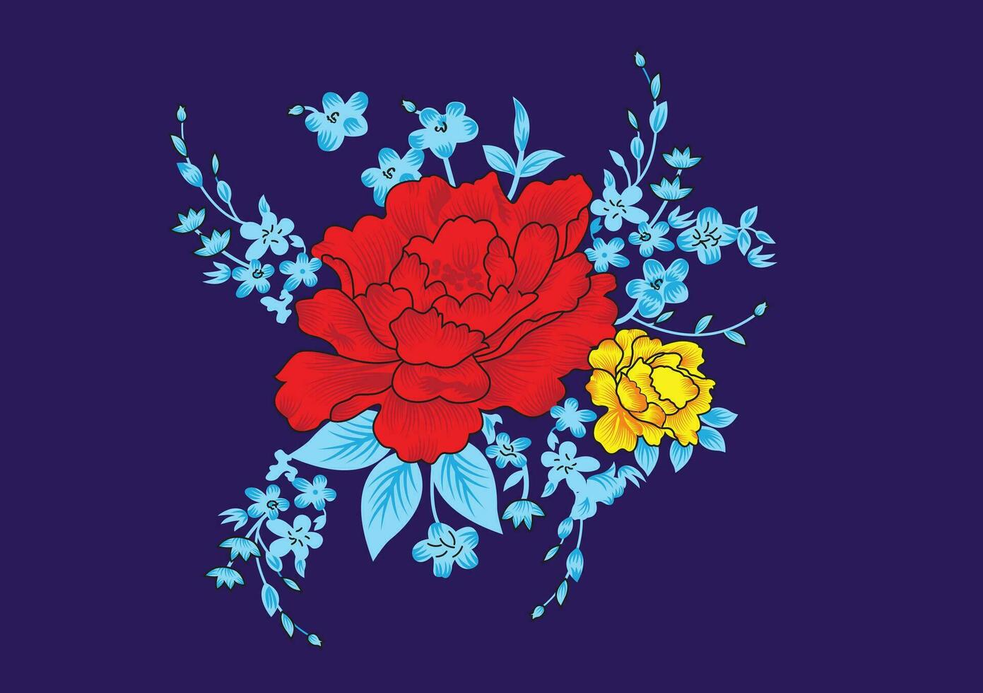 A red flower with blue and yellow flowers vector