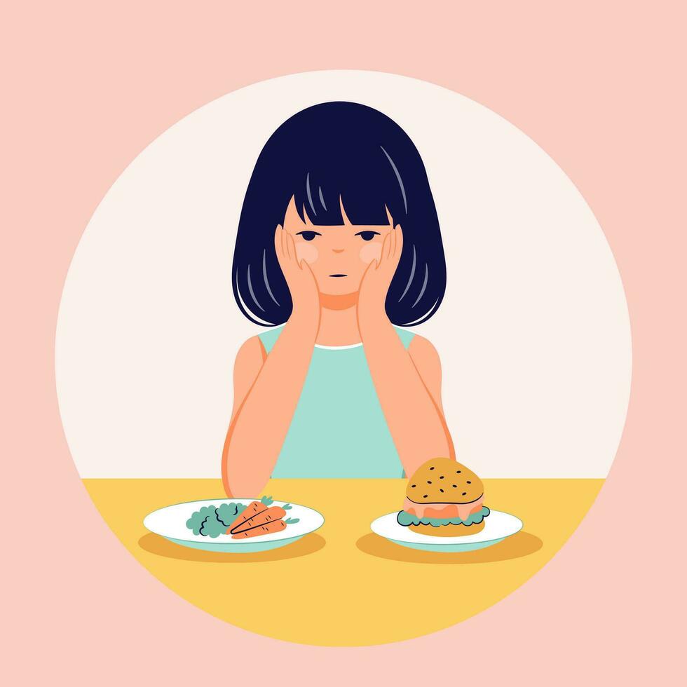Eating disorder concept. Girl refuse food. Anorexia problem flat person illustration vector