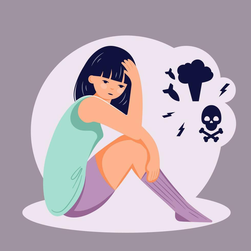 Suffering from PTSD depression mental disorder female flat character vector