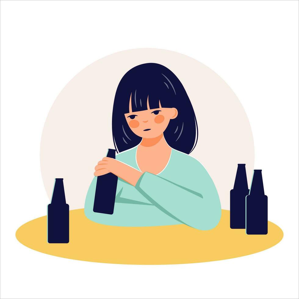 alcohol abuso adiccion concepto mano dibujado borracho mujer ilustración vector