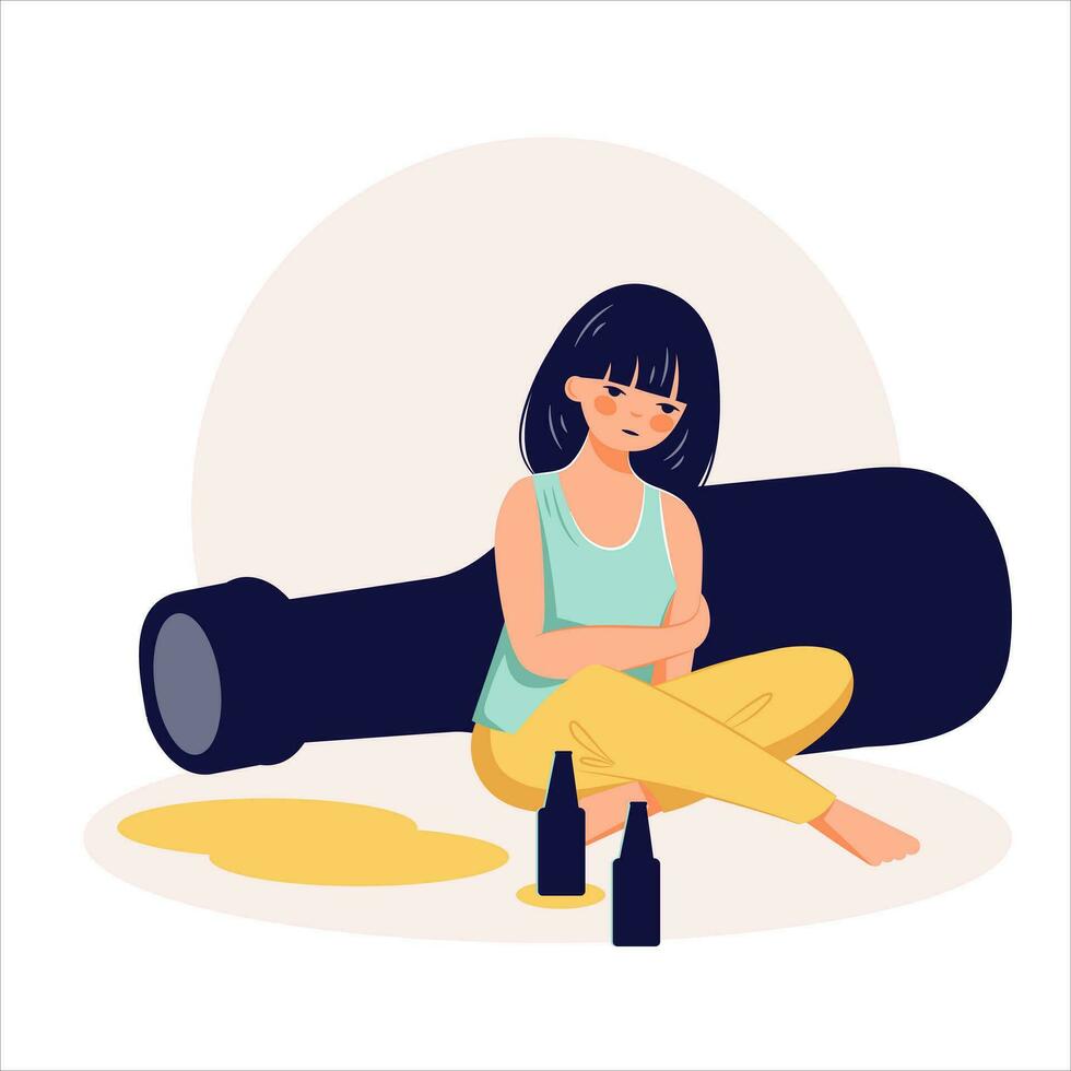 Alcohol abuse addiction concept hand drawn drunk woman illustration vector