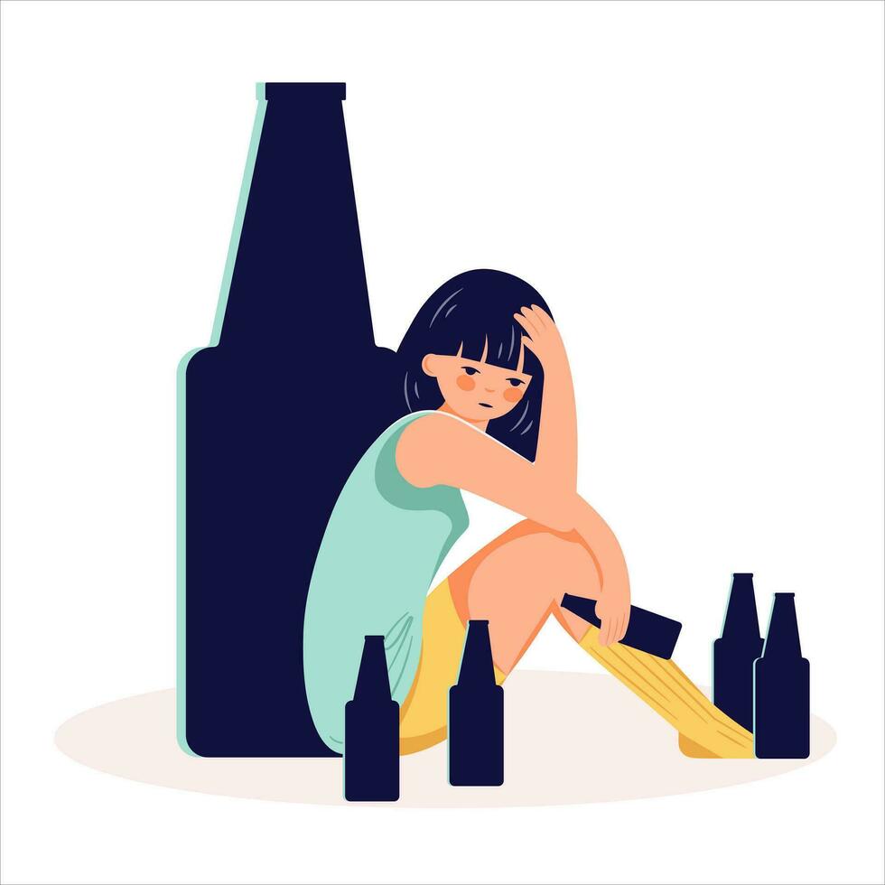 Alcohol abuse addiction concept hand drawn drunk woman illustration vector