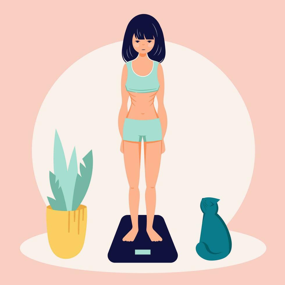 Eating disorder concept. Girl on weight. Anorexia problem flat person illustration vector
