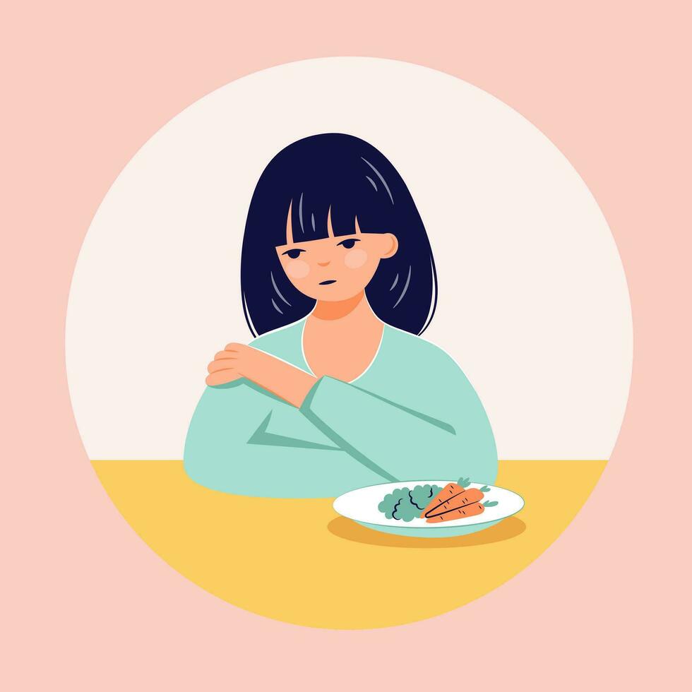 Eating disorder concept. Girl refuse food. Anorexia problem flat person illustration vector