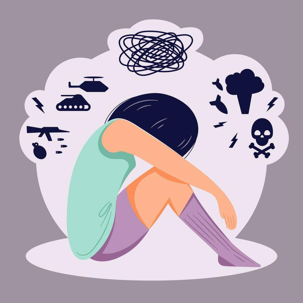 Suffering from PTSD depression mental disorder female flat character vector