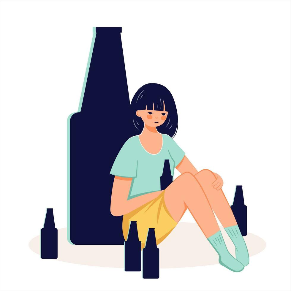 alcohol abuso adiccion concepto mano dibujado borracho mujer ilustración vector