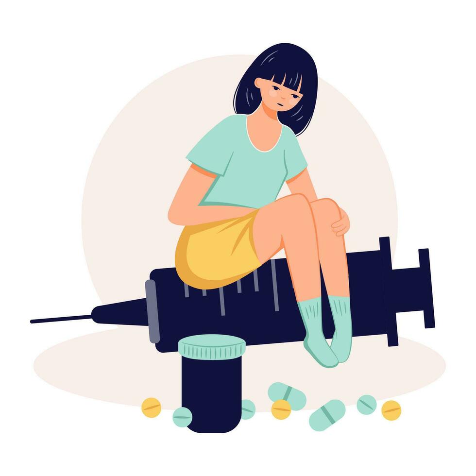 Drug addiction concept female person suffer from drug abuse flat illustration vector