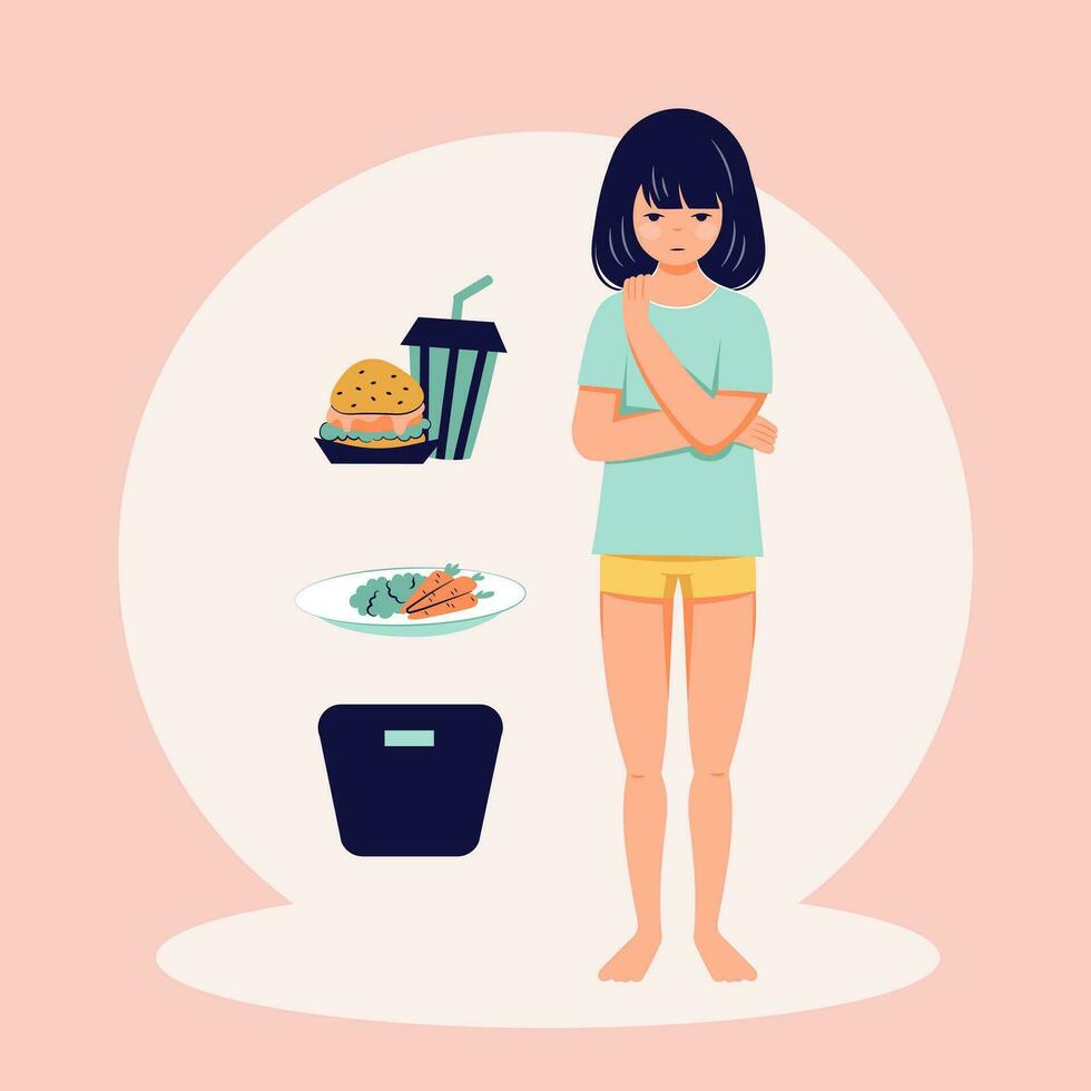 comiendo trastorno concepto anorexia bulimia problema plano persona ilustración vector