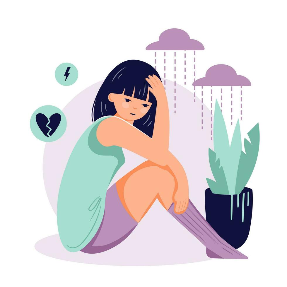 Depression concept. Mental illness female flat character vector illustration